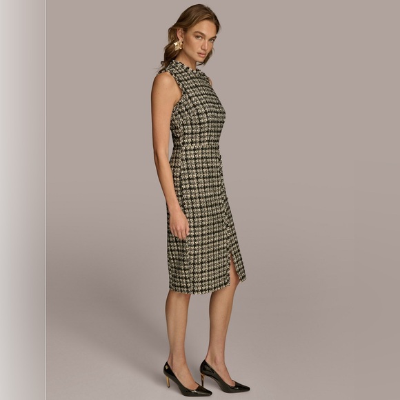 Donna Karan Black Plaid Tweed Sheath Dress Sleeveless Fringed. Size 10 NWT - Picture 3 of 6